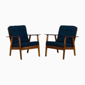 Mid-Century Danish Armchairs in Oak, Teak and Blue Wool Upholstery, 1960s, Set of 2