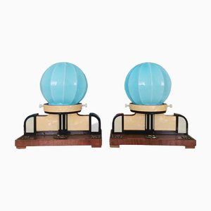Art Deco French Blue Opal Glass and Wood Table Lamps, 1940s, Set of 2