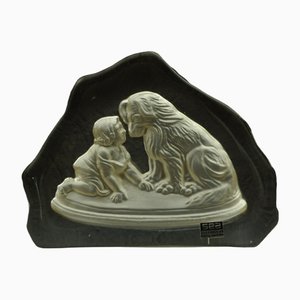 Boy with Dog Bookend in Glass by Paul Isling for Nybro Glasbruk