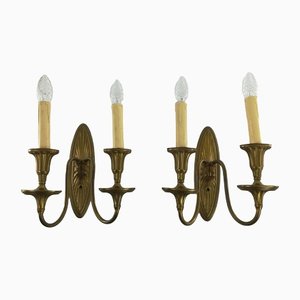 English Brass Double Arm Wall Lamps, Set of 2