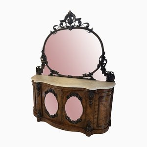 Antique Victorian Burr Walnut and Carved Mirror Credenza
