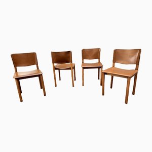 Chairs in Light Wood and Leather, 1980s, Set of 4