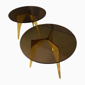 Tavolo Rotondo in ottone massiccio lucidato e vetro bronzato