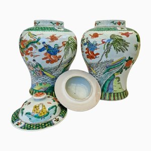Antique Chinese Famille Verte Covered Baluster Vases, Set of 2