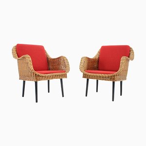 Rattan Armchairs with Pillows, France, 1970s, Set of 2