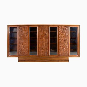 Large Italian Architectural Modern Carved Walnut and Rosewood Display Cabinet