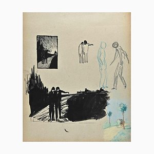 Norbert Meyre, The Men on the Bridge, Dessin au Crayon, milieu du 20ème siècle