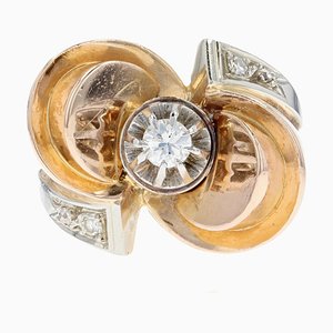 18 Karat French Diamond Rose Gold Retro Knot Ring, 1940s
