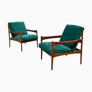 Mid-Century Modern Italian Solid Wood and Green Velvet Armchairs, 1960s, Set of 2
