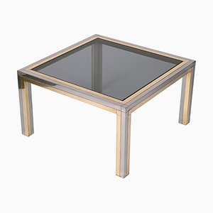 Italian Brass, Chrome and Smoked Glass Square Coffee Table, 1970s