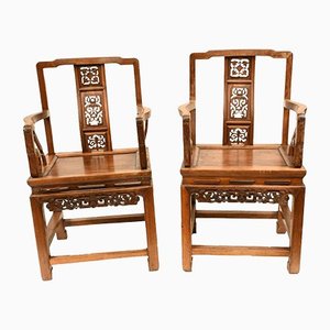Antique Chinese Armchairs Carved Hardwood, 1920, Set of 2
