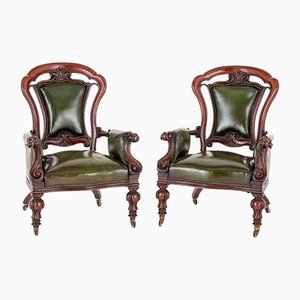 Victorian Armchairs in Leather and Mahogany, 1850, Set of 2
