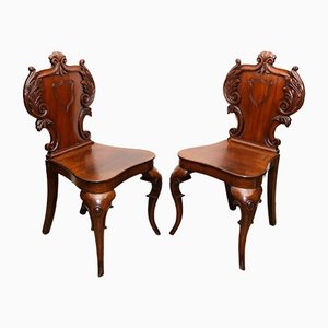 Antique Victorian Hall Chairs with Carved Seats, 1840, Set of 2