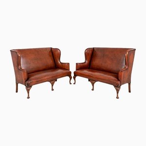 Queen Anne Settee Sofas in Leather, Set of 2