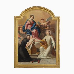 Vierge à l'Enfant, Anges et Saints, 18e Siècle, Huile sur Toile, encadrée