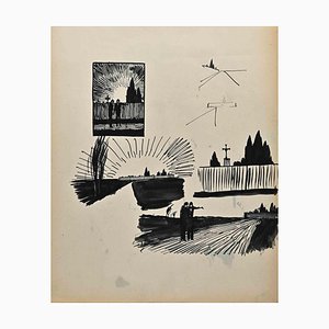 Norbert Meyre, The Men on the Bridge, dibujo a lápiz, mediados del siglo XX
