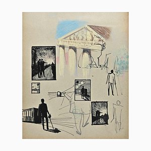 Norbert Meyre, The Men in Frames and Temple, Drawing, Mid 20th-Century