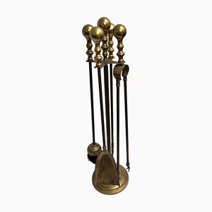 Vintage Italian Four-Piece Brass Fireplace Fire Tool Set with Stand, Set of 5