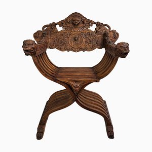 19th Century Italian Renaissance Savonarola Chair in Carved Walnut
