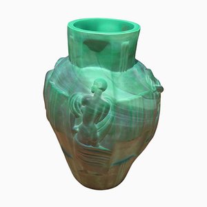 Art Deco Czech Green Glass Vase Decorated with Female Figures, 1940s