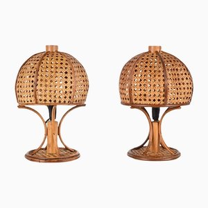 Lámparas de mesa italianas Mid-Century de mimbre y ratán, años 60. Juego de 2