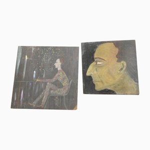 Modernist Paintings, 1940s, Oil on Board, Set of 2