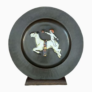 Brass Enamelled Plate With Horse & Child
