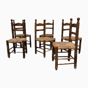 Vintage Spanish Solid Oak Wood & Rush Seat Chairs, Set of 6