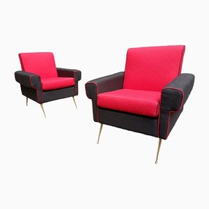 Armchairs in Red and Black with Brass Legs, 1950s, Set of 2