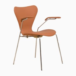 Series 7 Model 3207 Chair with Armrests in Tan Leather by Arne Jacobsen for Fritz Hansen, Denmark, 1980s