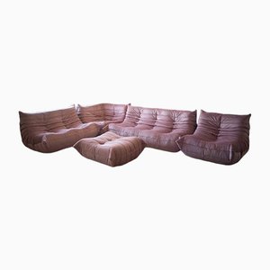 Rosafarbenes Togo Wohnzimmer aus Samt von Michel Ducaroy für Ligne Roset, 5er Set