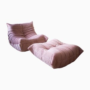 Pink Pearl Velvet Togo Lounge Chair and Pouf by Michel Ducaroy for Ligne Roset, Set of 2