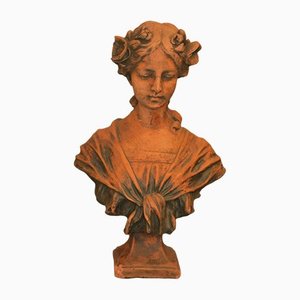 Carved Female Bust, 19th Century, Limestone Sculpture with Terracotta Finish