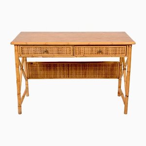 Mid-Century Italian Bamboo Cane, Ash & Rattan Desk with Drawers, 1980s