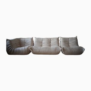 Fauteuil et Canapé 2 Places Togo en Velours Beige par Michel Ducaroy pour Ligne Roset, 1970s, Set de 3