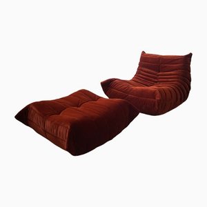 Vintage Amber Corduroy Togo Lounge Chair and Pouf Set by Michel Ducaroy for Ligne Roset, 1973, Set of 2