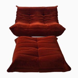 Set de Pouf Togo en Corduroy Ambre et Canapé 2 Places par Michel Ducaroy pour Ligne Roset