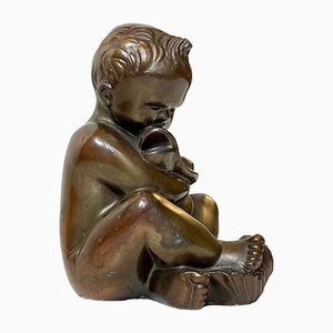 Sculpture de Bébé Garçon et Poisson Karl Josef Hoffman en Bronze, 1950s