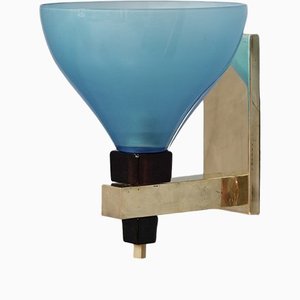 Lámpara de pared de cristal de Murano azul soplado y latón in Style of Vistosi, años 80