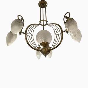 Lampada da soffitto Art Nouveau modernista in bronzo e vetro intagliato, fine XIX secolo