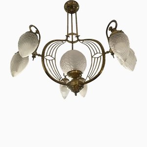 Modernist Art Nouveau Ceiling Lamp in Bronze and Carved Glass, 1890s