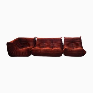 Amber Corduroy Togo Lounge Chair, Corner Chair and 2-Seat Sofa by Michel Ducaroy for Ligne Roset, Set of 3
