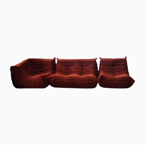 Sillón Togo de pana en ámbar, sillón esquinero y sofá de dos plazas de Michel Ducaroy para Ligne Roset. Juego de 3