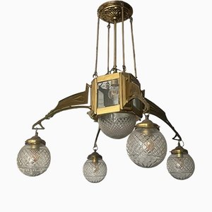 Arto Deco Ceiling Lamp in Bronze and Carved Glass, 1920s