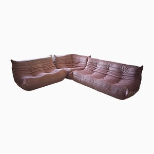 Pearl Pink Velvet Togo Corner Seat, Lounge Chair & 2-Seat Sofa by Michel Ducaroy for Ligne Roset, 1970s, Set of 3