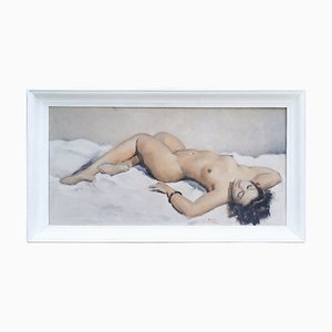 Georges Guinegault, Lying Nude, 1950s, Oil on Canvas, Framed