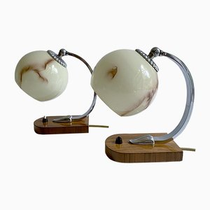 Französische Art Deco Tischlampen aus Holz, Chrom & Glas, 2er Set