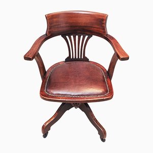 Brown Leather & Oak Swivel Desk Chair on a Quatrefoil Base with Castors from Hillcrest, 1920s