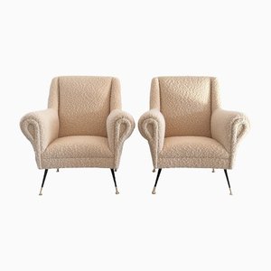 Mid-Century Italian Armchairs with Boucle Upholstery and Brass Feet, 1970s, Set of 2