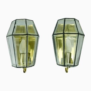 Mid-Century Geometric A 606 Wall Lamps in Glass and Brass from Glashütte Limburg, Set of 2